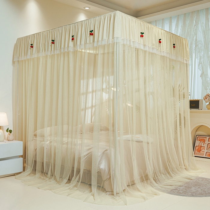 91家纺网 家纺一手货源 找家纺 青竹苑 2026新款花边落地蚊帐 落地樱桃-鼠尾草绿