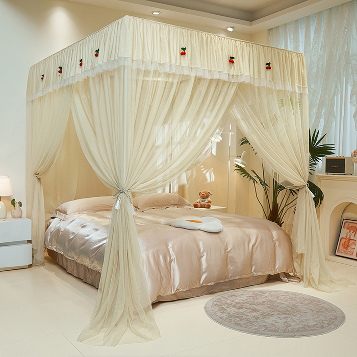 91家纺网 家纺一手货源 找家纺 青竹苑 2026新款花边落地蚊帐 落地樱桃-鼠尾草绿