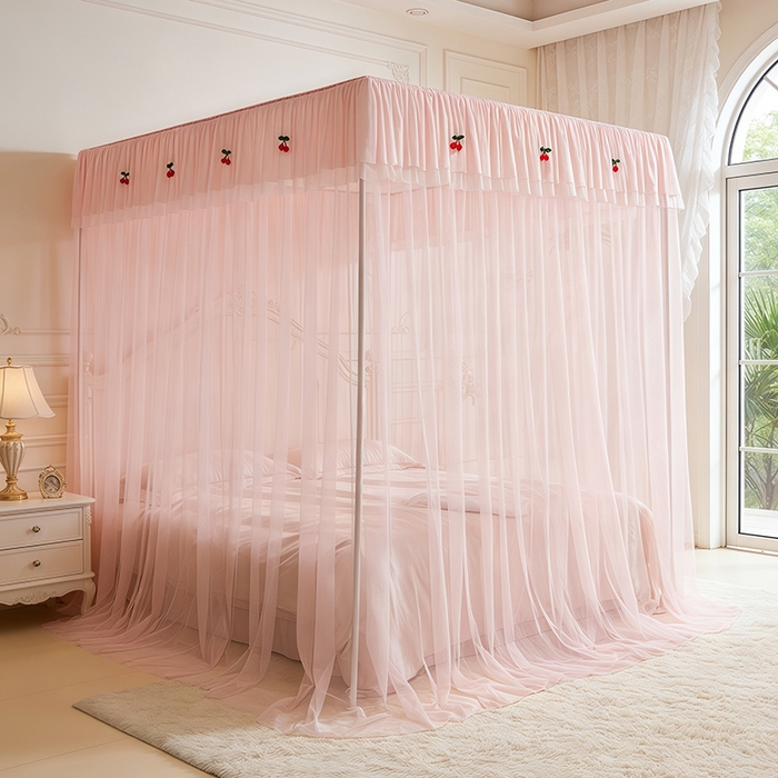 91家纺网 家纺一手货源 找家纺 青竹苑 2026新款花边落地蚊帐 落地樱桃-樱花粉