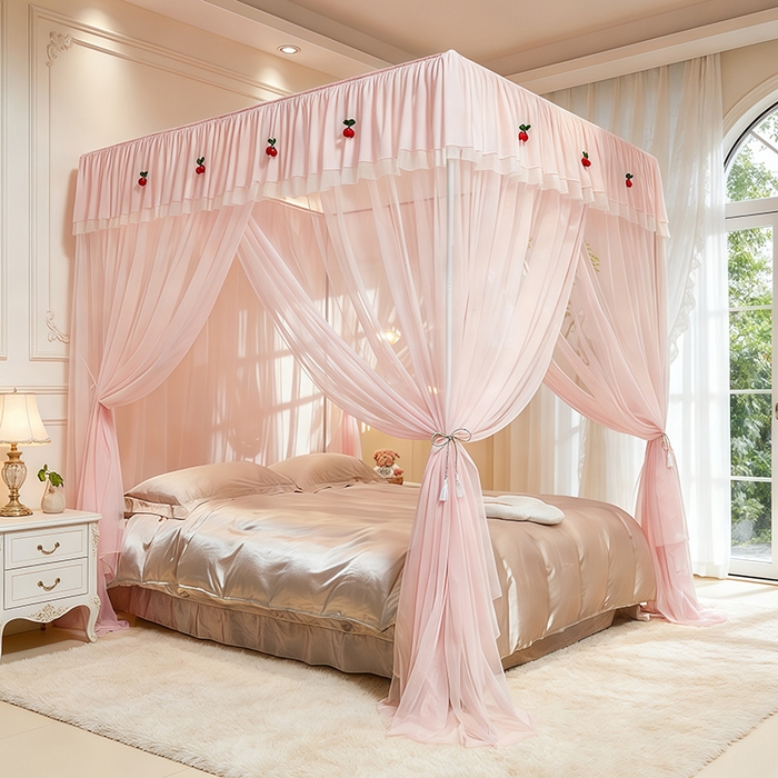 91家纺网 家纺一手货源 找家纺 青竹苑 2026新款花边落地蚊帐 落地樱桃-樱花粉