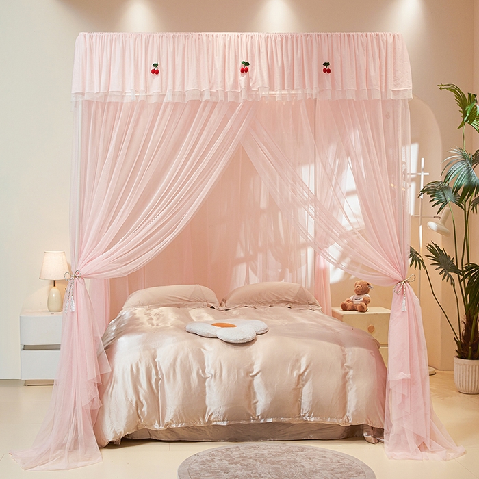 91家纺网 家纺一手货源 找家纺 青竹苑 2026新款花边落地蚊帐 落地樱桃-樱花粉