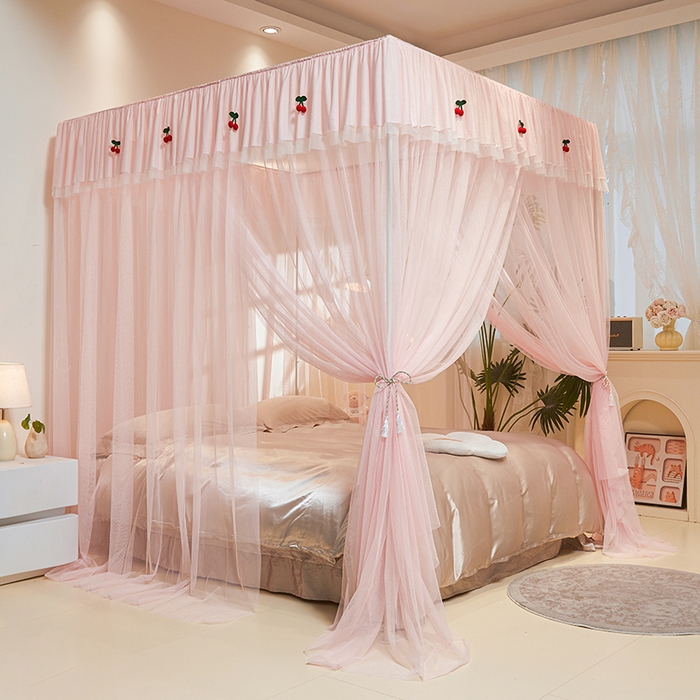 91家纺网 家纺一手货源 找家纺 青竹苑 2026新款花边落地蚊帐 落地樱桃-樱花粉