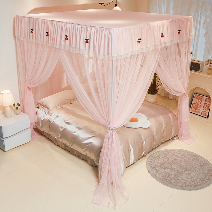 91家纺网 家纺一手货源 找家纺 青竹苑 2026新款花边落地蚊帐 落地樱桃-樱花粉