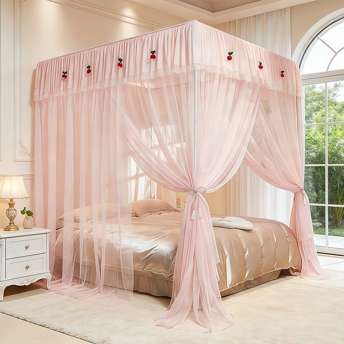 91家纺网 家纺一手货源 找家纺 青竹苑 2026新款花边落地蚊帐 落地樱桃-樱花粉