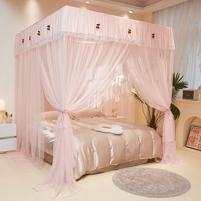 91家纺网 家纺一手货源 找家纺 青竹苑 2026新款花边落地蚊帐 落地樱桃-樱花粉