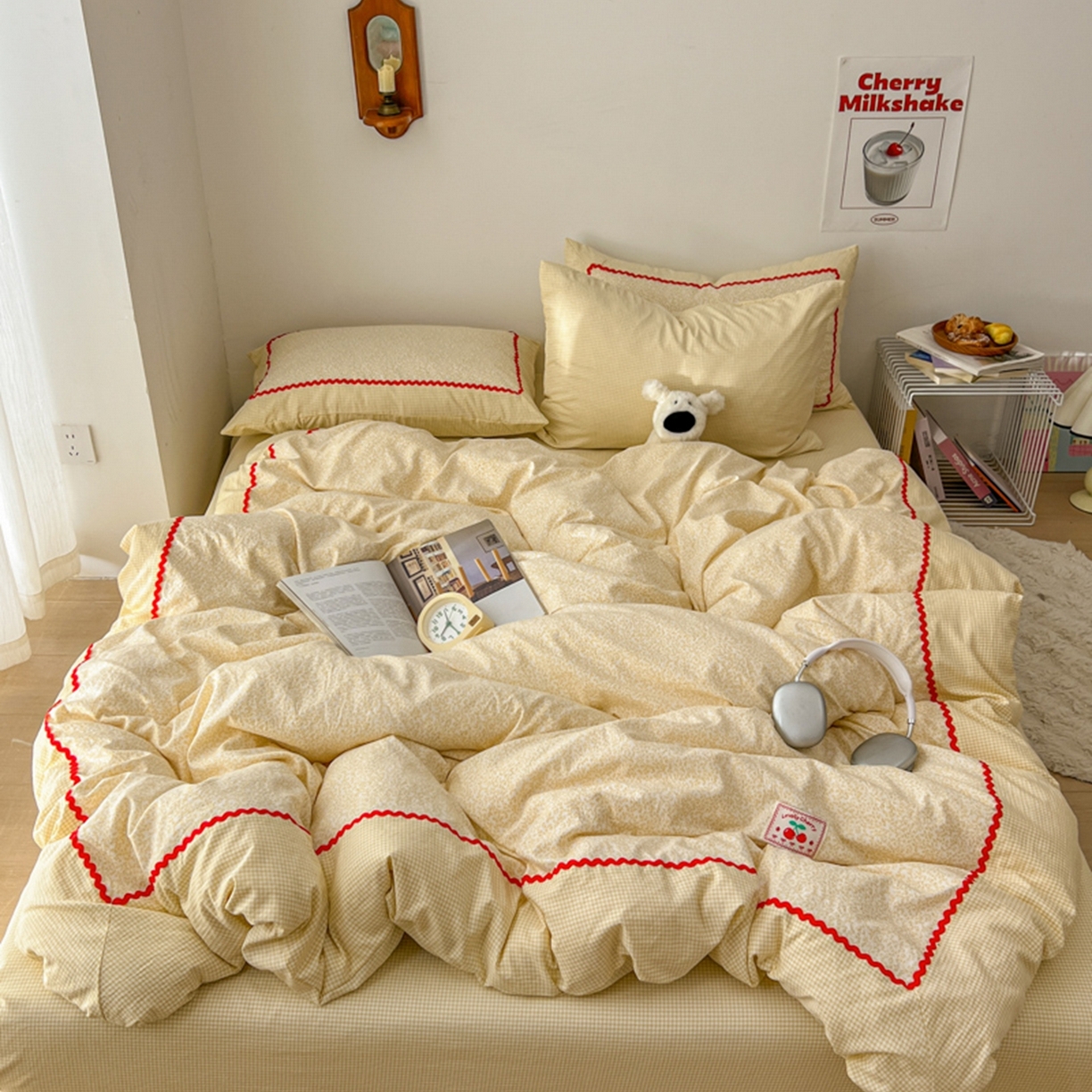 睡美美家纺 2026新款古法水洗贴布格纹碎花云朵棉四件套-格纹小碎花 格纹小碎花--奶黄