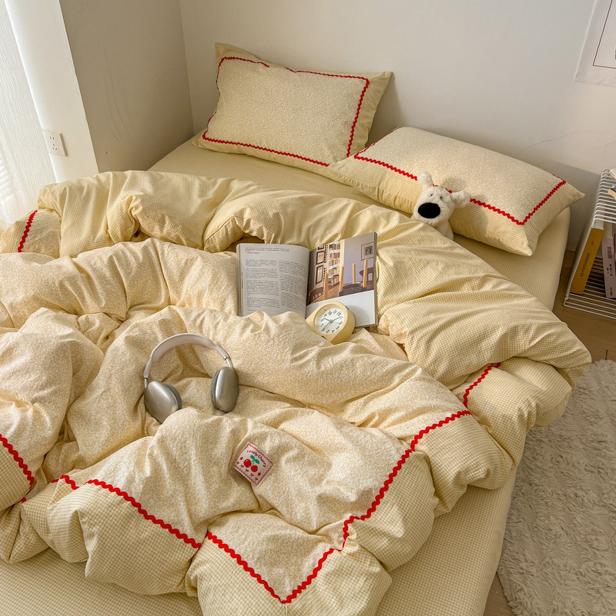 91家纺网 家纺一手货源 找家纺 睡美美家纺 2026新款古法水洗贴布格纹碎花云朵棉四件套-格纹小碎花 格纹小碎花--奶黄