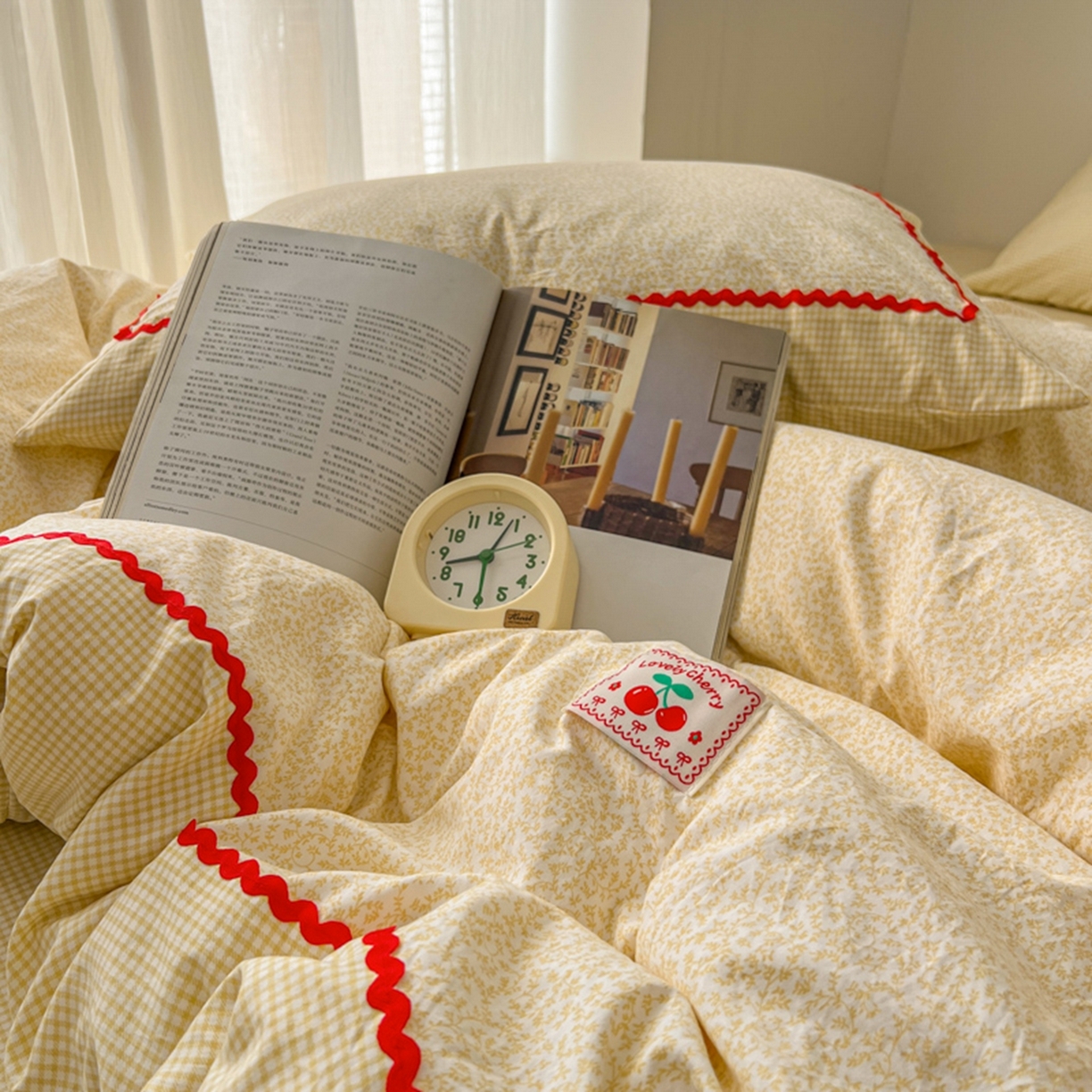 91家纺网 家纺一手货源 找家纺 睡美美家纺 2026新款古法水洗贴布格纹碎花云朵棉四件套-格纹小碎花 格纹小碎花--奶黄