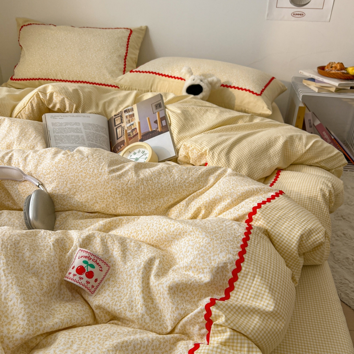 91家纺网 家纺一手货源 找家纺 睡美美家纺 2026新款古法水洗贴布格纹碎花云朵棉四件套-格纹小碎花 格纹小碎花--奶黄