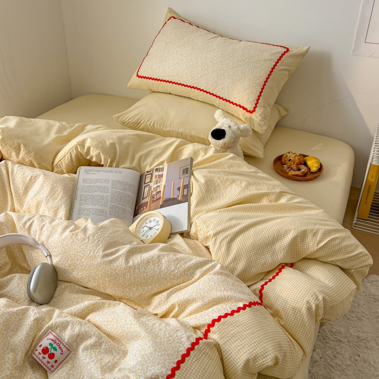 91家纺网 家纺一手货源 找家纺 睡美美家纺 2026新款古法水洗贴布格纹碎花云朵棉四件套-格纹小碎花 格纹小碎花--奶黄