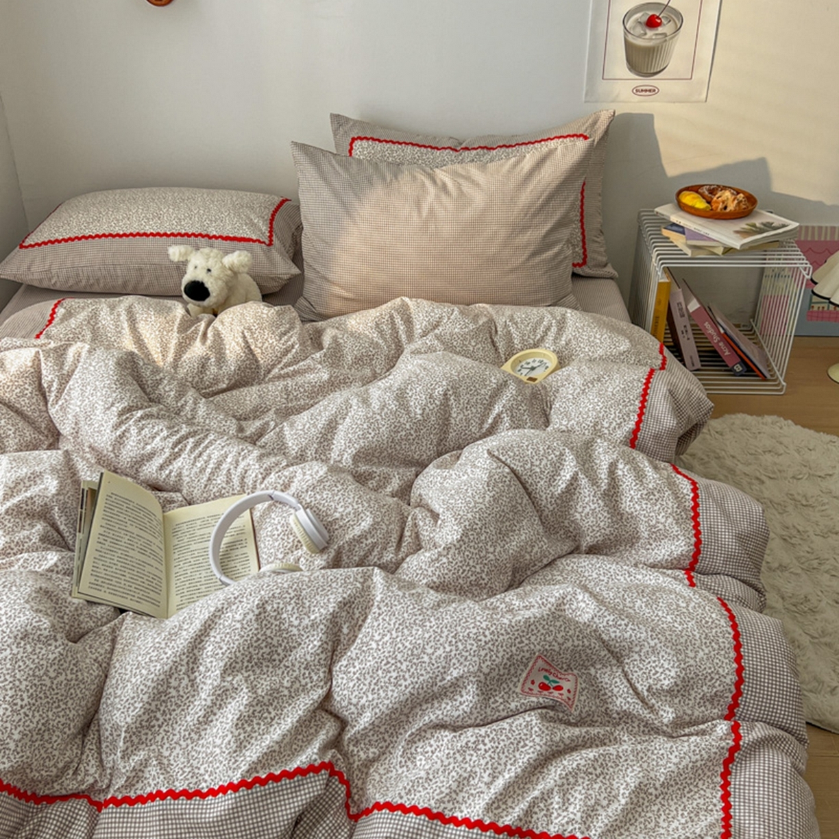 91家纺网 家纺一手货源 找家纺 睡美美家纺 2026新款古法水洗贴布格纹碎花云朵棉四件套-格纹小碎花 格纹小碎花--浅咖