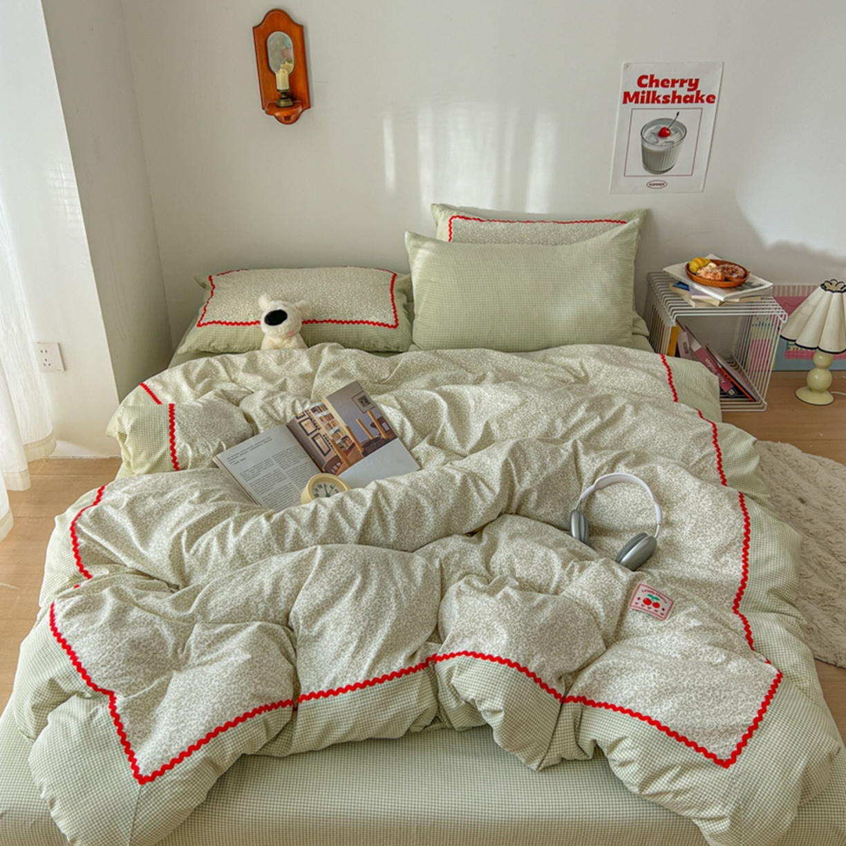 睡美美家纺 2026新款古法水洗贴布格纹碎花云朵棉四件套-格纹小碎花 格纹小碎花--青柠