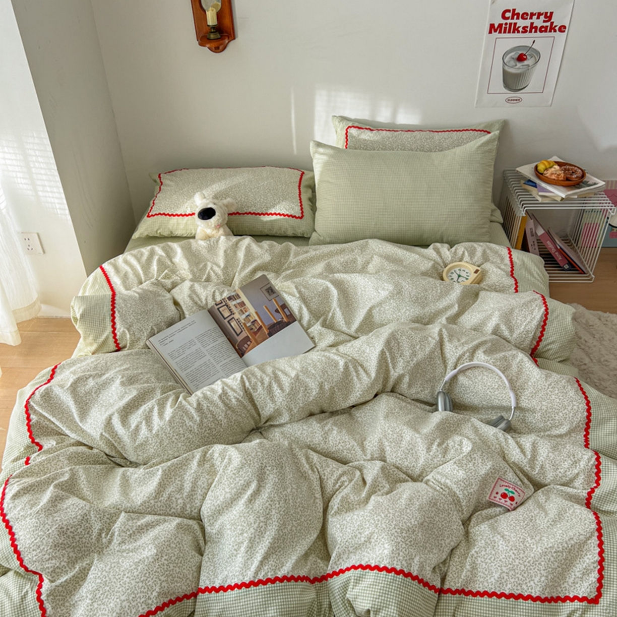 91家纺网 家纺一手货源 找家纺 睡美美家纺 2026新款古法水洗贴布格纹碎花云朵棉四件套-格纹小碎花 格纹小碎花--青柠