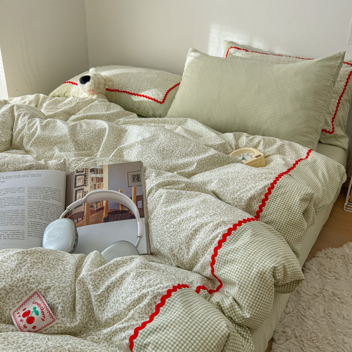 91家纺网 家纺一手货源 找家纺 睡美美家纺 2026新款古法水洗贴布格纹碎花云朵棉四件套-格纹小碎花 格纹小碎花--青柠