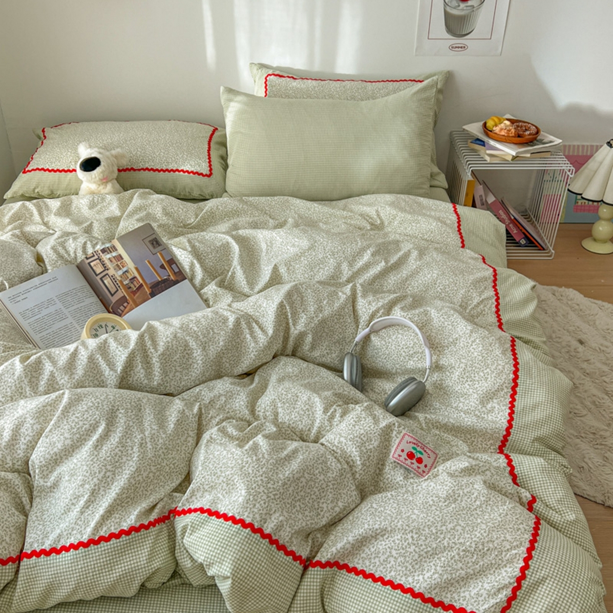 91家纺网 家纺一手货源 找家纺 睡美美家纺 2026新款古法水洗贴布格纹碎花云朵棉四件套-格纹小碎花 格纹小碎花--青柠