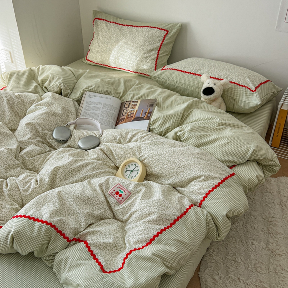 91家纺网 家纺一手货源 找家纺 睡美美家纺 2026新款古法水洗贴布格纹碎花云朵棉四件套-格纹小碎花 格纹小碎花--青柠