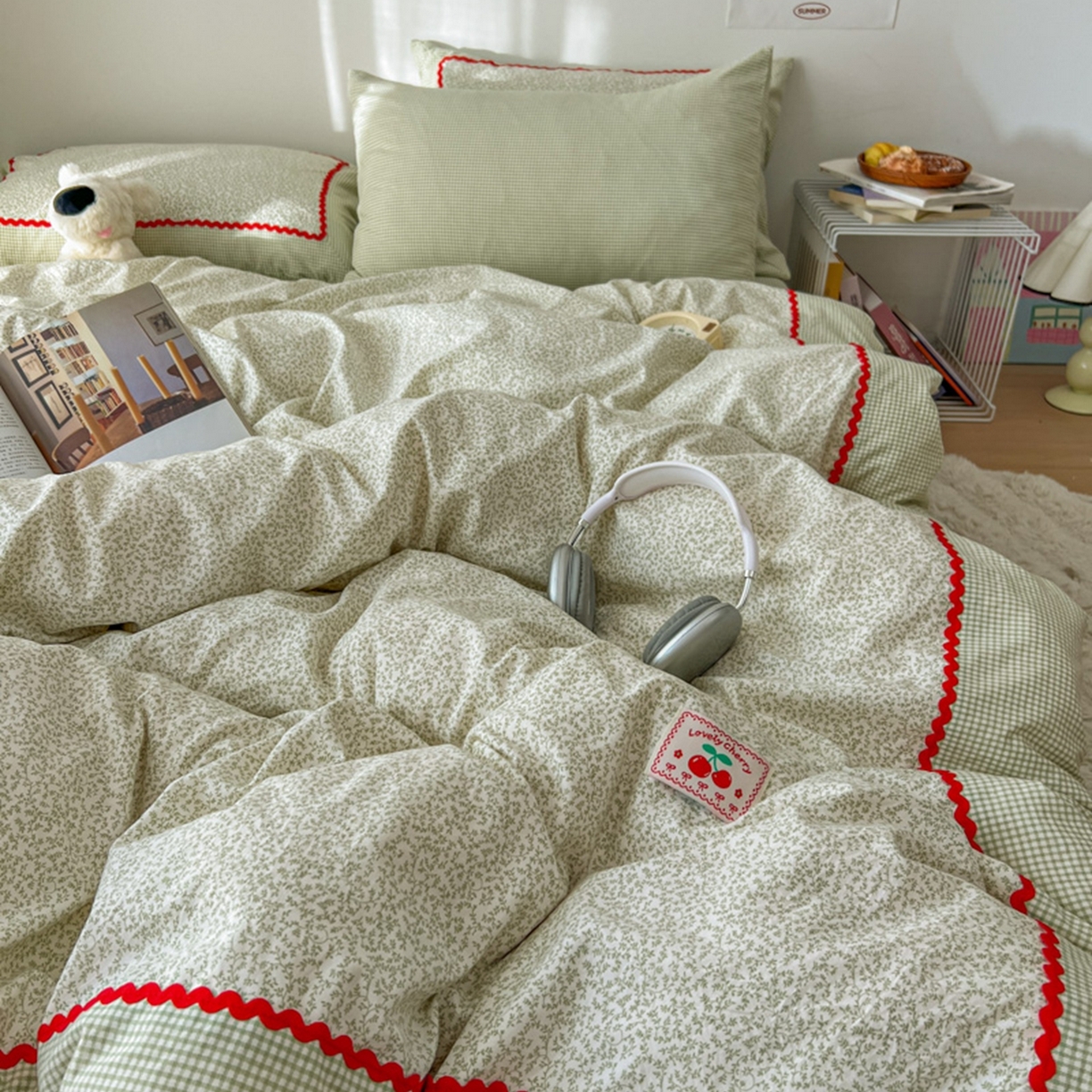 91家纺网 家纺一手货源 找家纺 睡美美家纺 2026新款古法水洗贴布格纹碎花云朵棉四件套-格纹小碎花 格纹小碎花--青柠