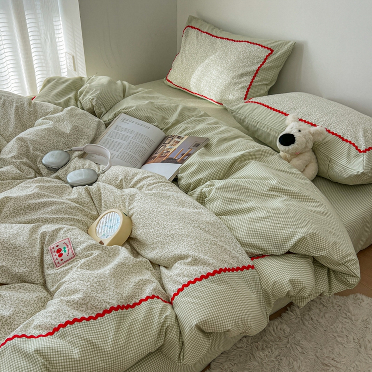 91家纺网 家纺一手货源 找家纺 睡美美家纺 2026新款古法水洗贴布格纹碎花云朵棉四件套-格纹小碎花 格纹小碎花--青柠