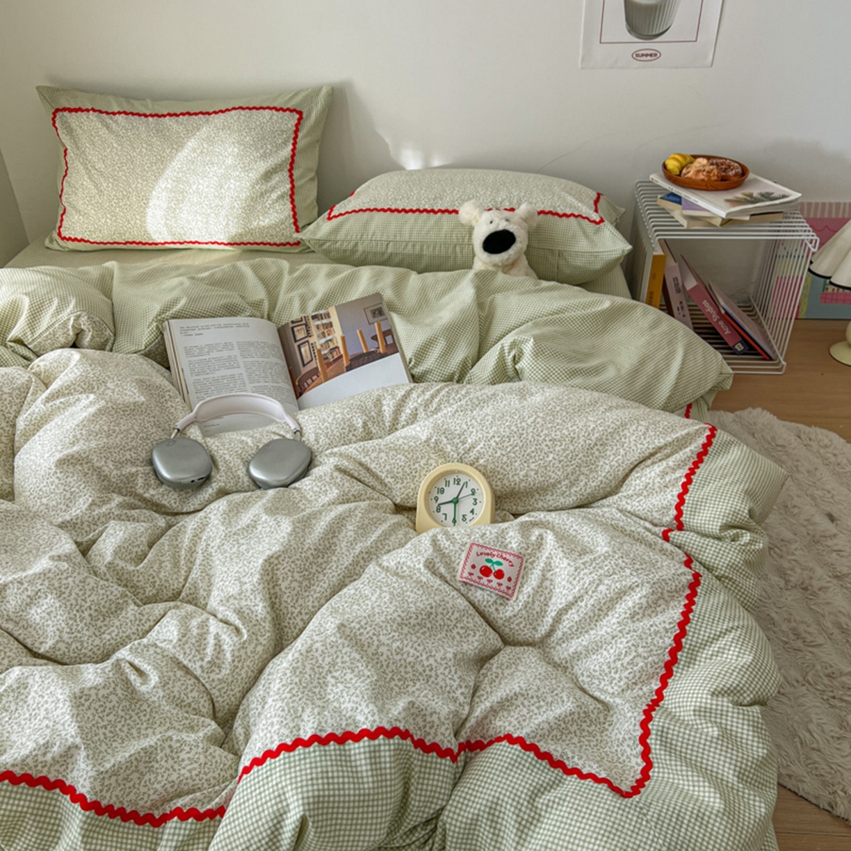 91家纺网 家纺一手货源 找家纺 睡美美家纺 2026新款古法水洗贴布格纹碎花云朵棉四件套-格纹小碎花 格纹小碎花--青柠