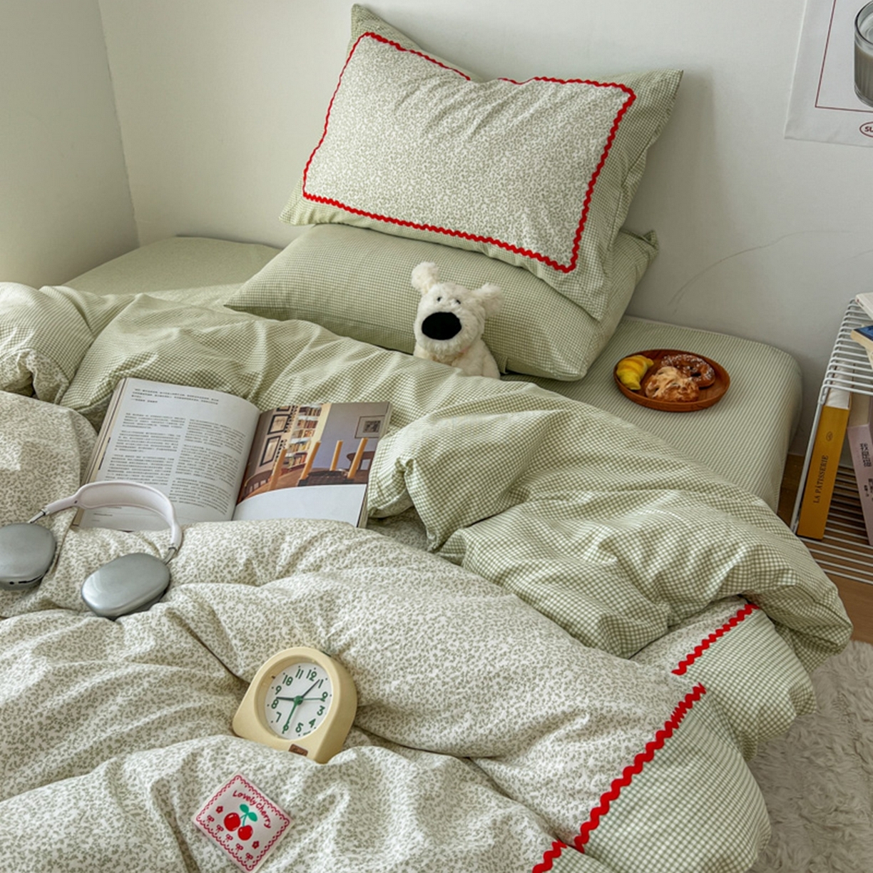 91家纺网 家纺一手货源 找家纺 睡美美家纺 2026新款古法水洗贴布格纹碎花云朵棉四件套-格纹小碎花 格纹小碎花--青柠