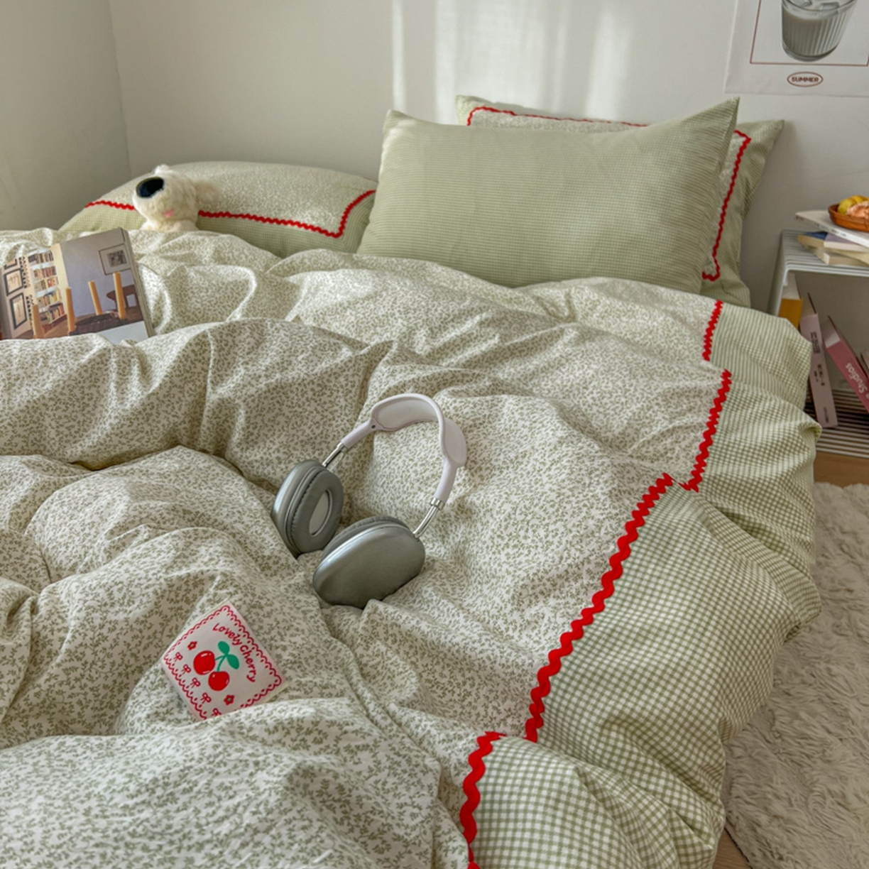 91家纺网 家纺一手货源 找家纺 睡美美家纺 2026新款古法水洗贴布格纹碎花云朵棉四件套-格纹小碎花 格纹小碎花--青柠