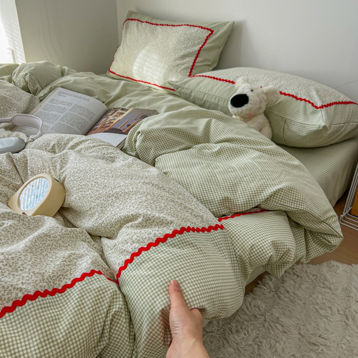 91家纺网 家纺一手货源 找家纺 睡美美家纺 2026新款古法水洗贴布格纹碎花云朵棉四件套-格纹小碎花 格纹小碎花--青柠