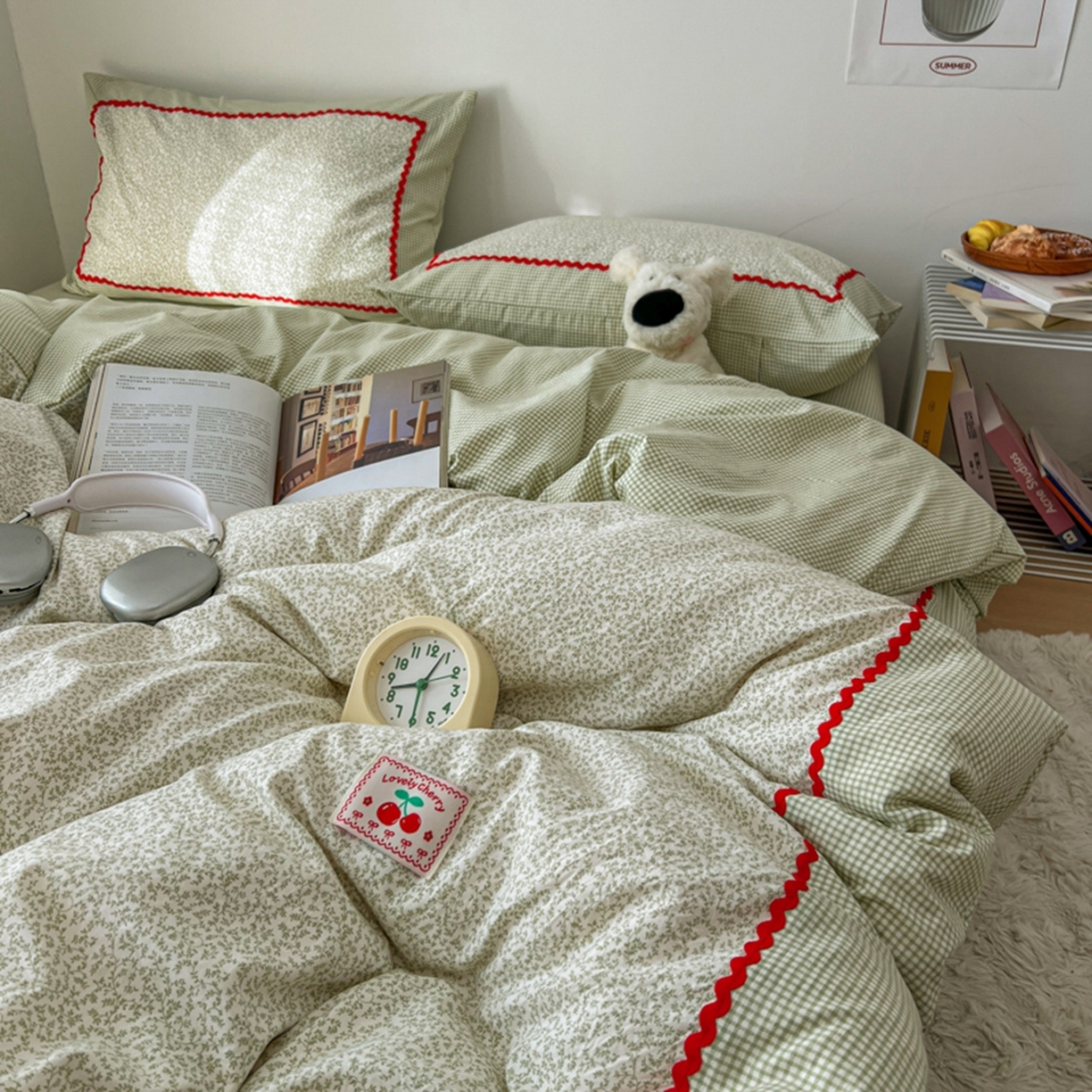 91家纺网 家纺一手货源 找家纺 睡美美家纺 2026新款古法水洗贴布格纹碎花云朵棉四件套-格纹小碎花 格纹小碎花--青柠