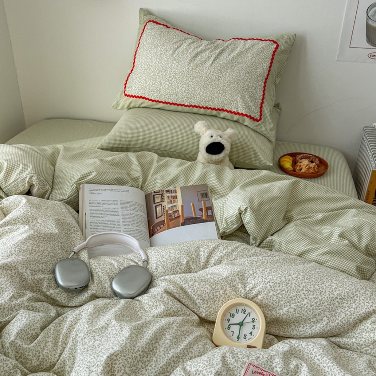 91家纺网 家纺一手货源 找家纺 睡美美家纺 2026新款古法水洗贴布格纹碎花云朵棉四件套-格纹小碎花 格纹小碎花--青柠