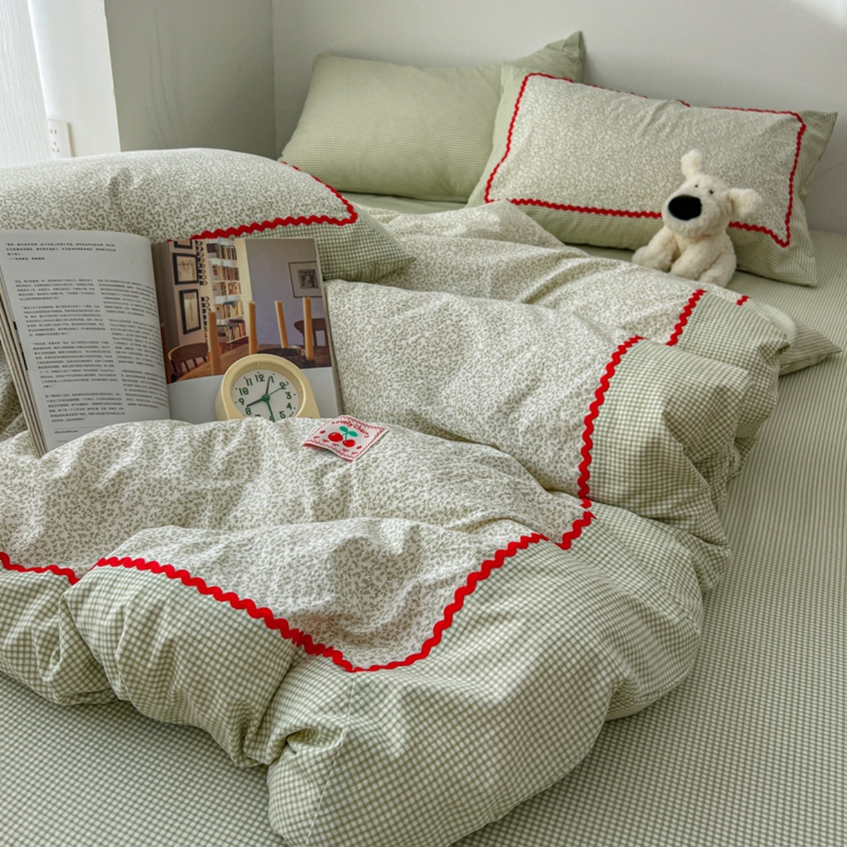 91家纺网 家纺一手货源 找家纺 睡美美家纺 2026新款古法水洗贴布格纹碎花云朵棉四件套-格纹小碎花 格纹小碎花--青柠