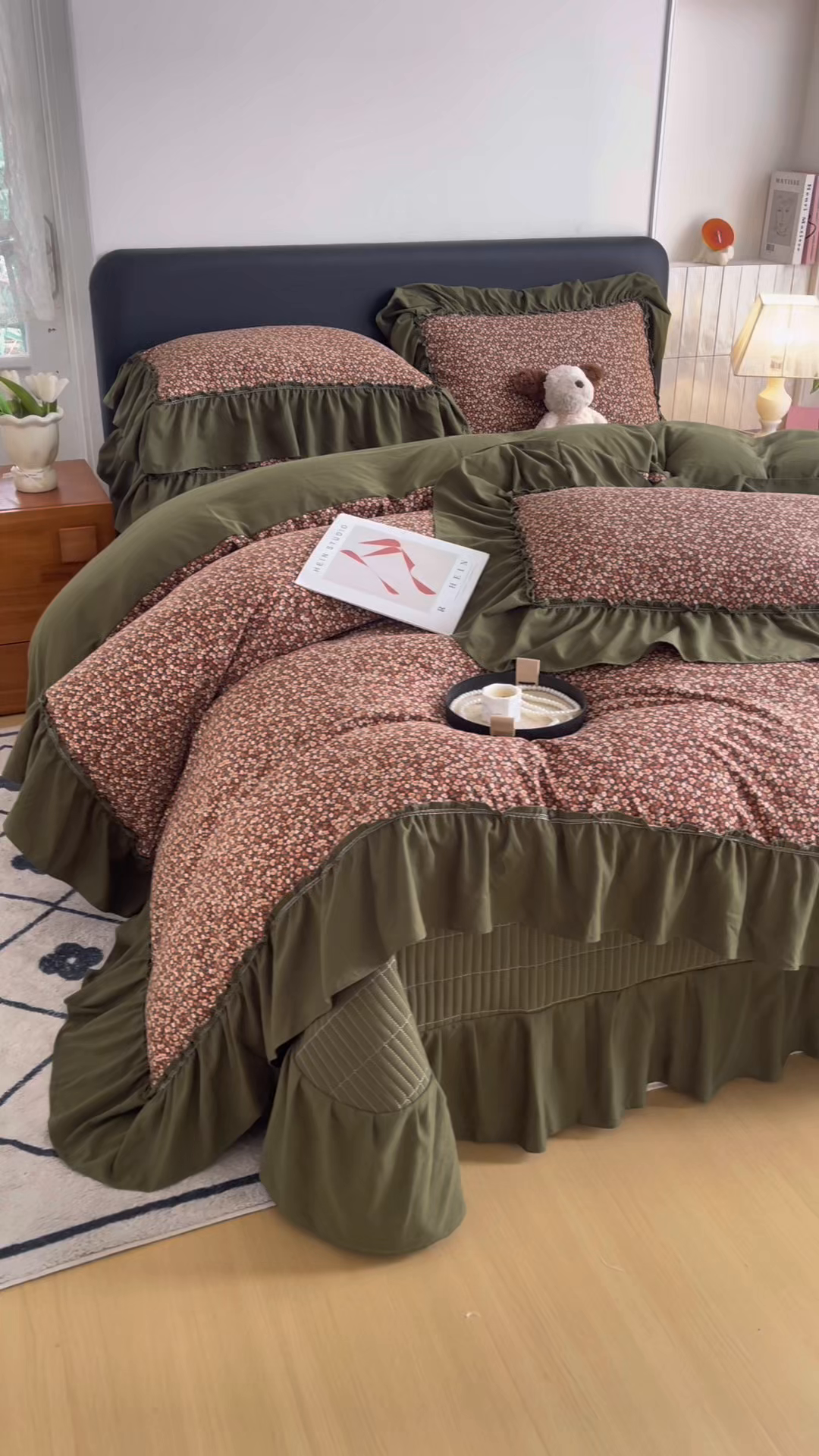 91家纺网 家纺一手货源 找家纺 锦格家纺 2026春夏新款古法水洗棉花边床盖款四件套 艾米娜-绿