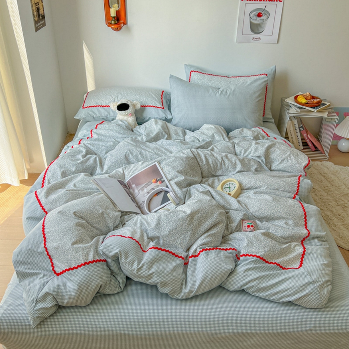 睡美美家纺 2026新款古法水洗贴布格纹碎花云朵棉四件套-格纹小碎花 格纹小碎花--晴蓝