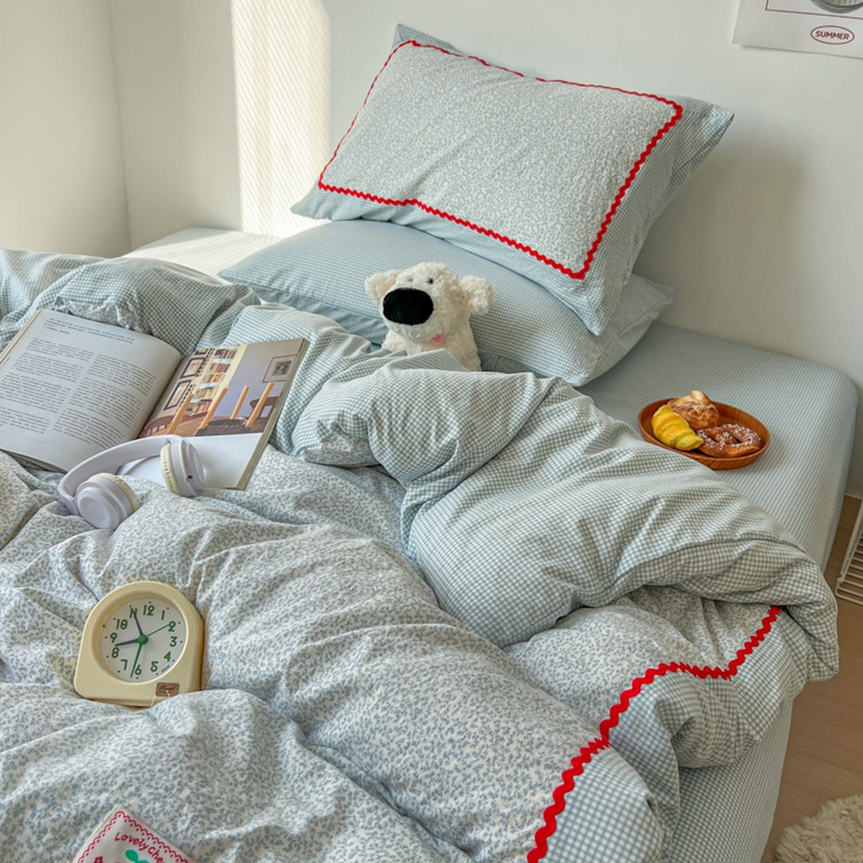 91家纺网 家纺一手货源 找家纺 睡美美家纺 2026新款古法水洗贴布格纹碎花云朵棉四件套-格纹小碎花 格纹小碎花--晴蓝