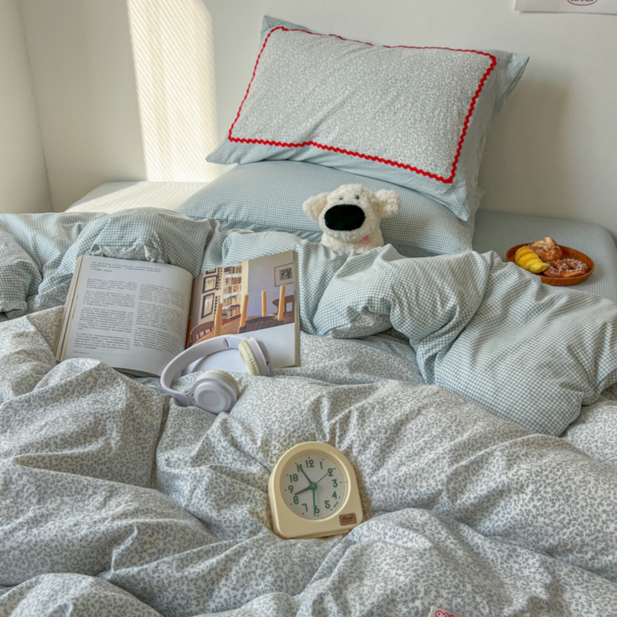 91家纺网 家纺一手货源 找家纺 睡美美家纺 2026新款古法水洗贴布格纹碎花云朵棉四件套-格纹小碎花 格纹小碎花--晴蓝