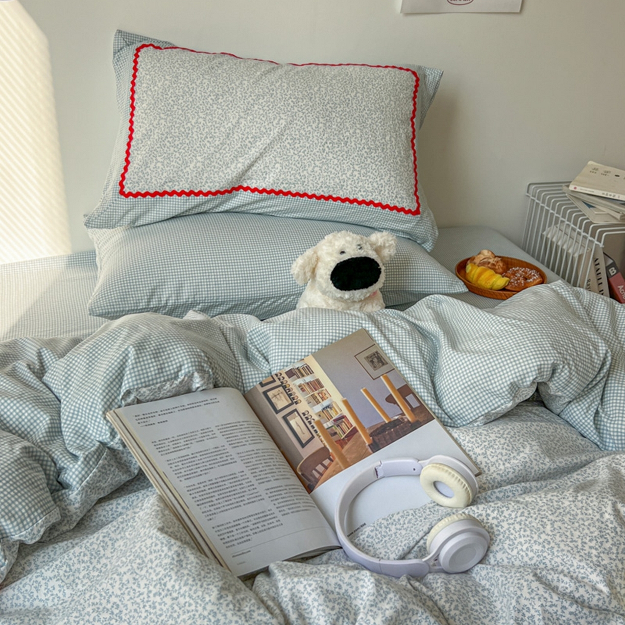 91家纺网 家纺一手货源 找家纺 睡美美家纺 2026新款古法水洗贴布格纹碎花云朵棉四件套-格纹小碎花 格纹小碎花--晴蓝