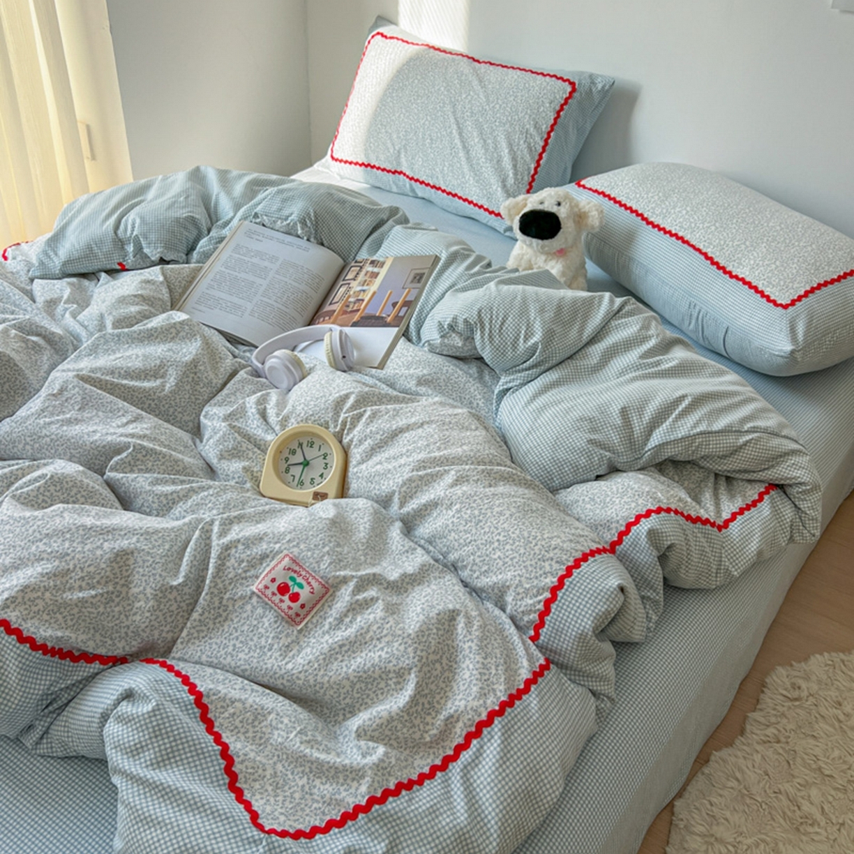 91家纺网 家纺一手货源 找家纺 睡美美家纺 2026新款古法水洗贴布格纹碎花云朵棉四件套-格纹小碎花 格纹小碎花--晴蓝