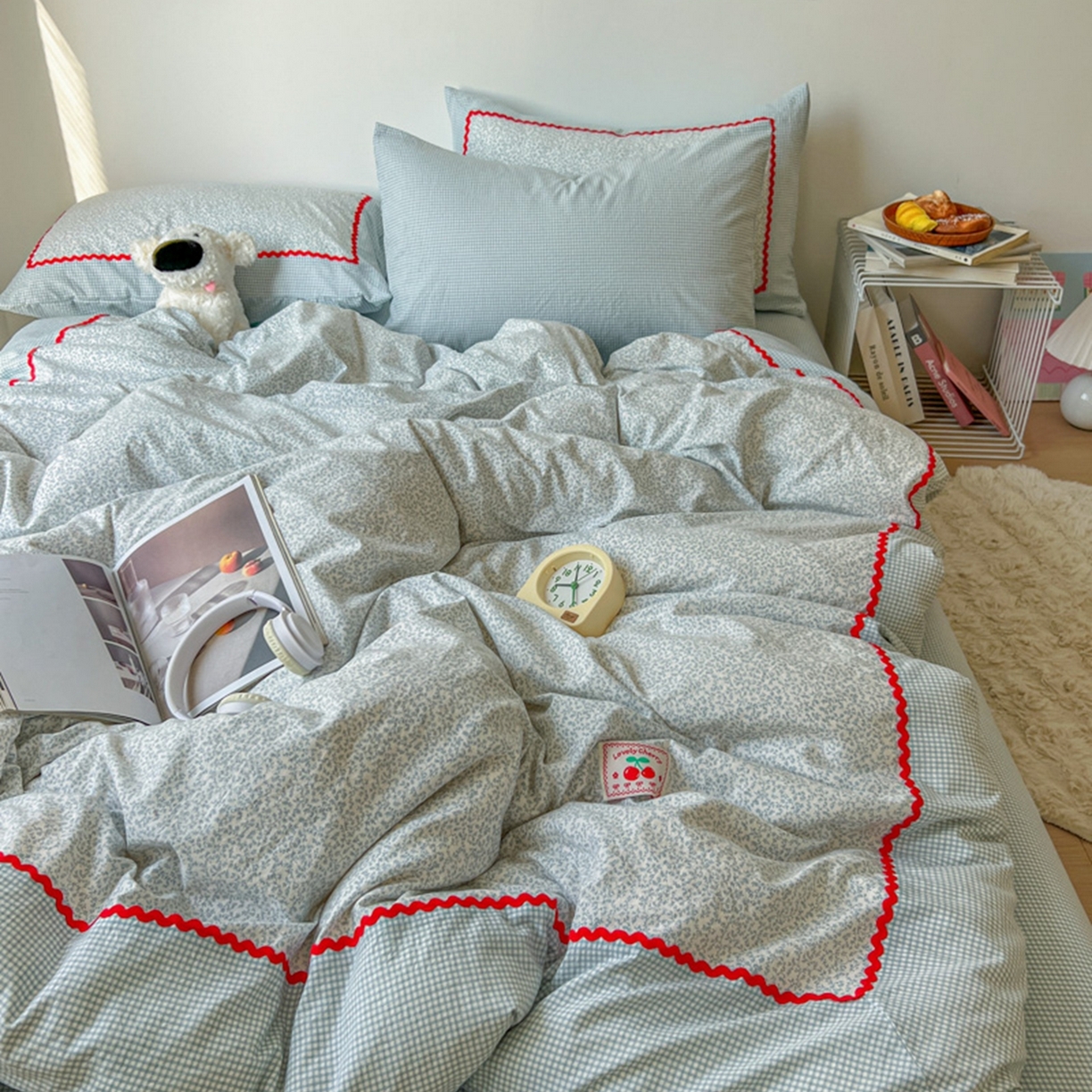 91家纺网 家纺一手货源 找家纺 睡美美家纺 2026新款古法水洗贴布格纹碎花云朵棉四件套-格纹小碎花 格纹小碎花--晴蓝