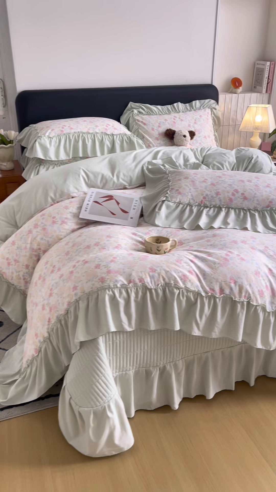 91家纺网 家纺一手货源 找家纺 锦格家纺 2026春夏新款古法水洗棉花边床盖款四件套 春意浓