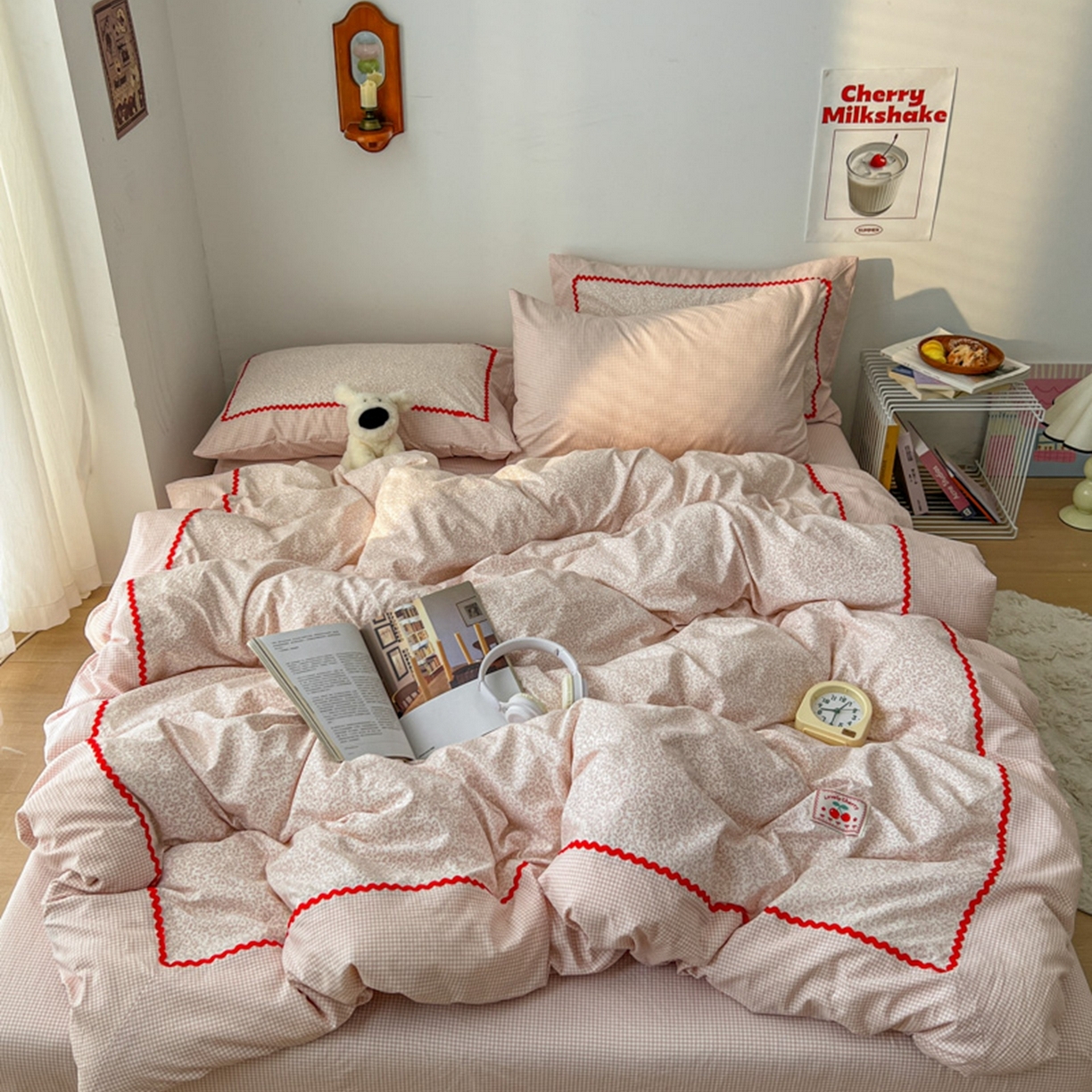 睡美美家纺 2026新款古法水洗贴布格纹碎花云朵棉四件套-格纹小碎花 格纹小碎花--柔粉