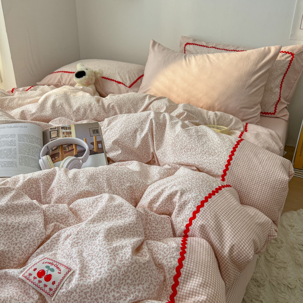 91家纺网 家纺一手货源 找家纺 睡美美家纺 2026新款古法水洗贴布格纹碎花云朵棉四件套-格纹小碎花 格纹小碎花--柔粉