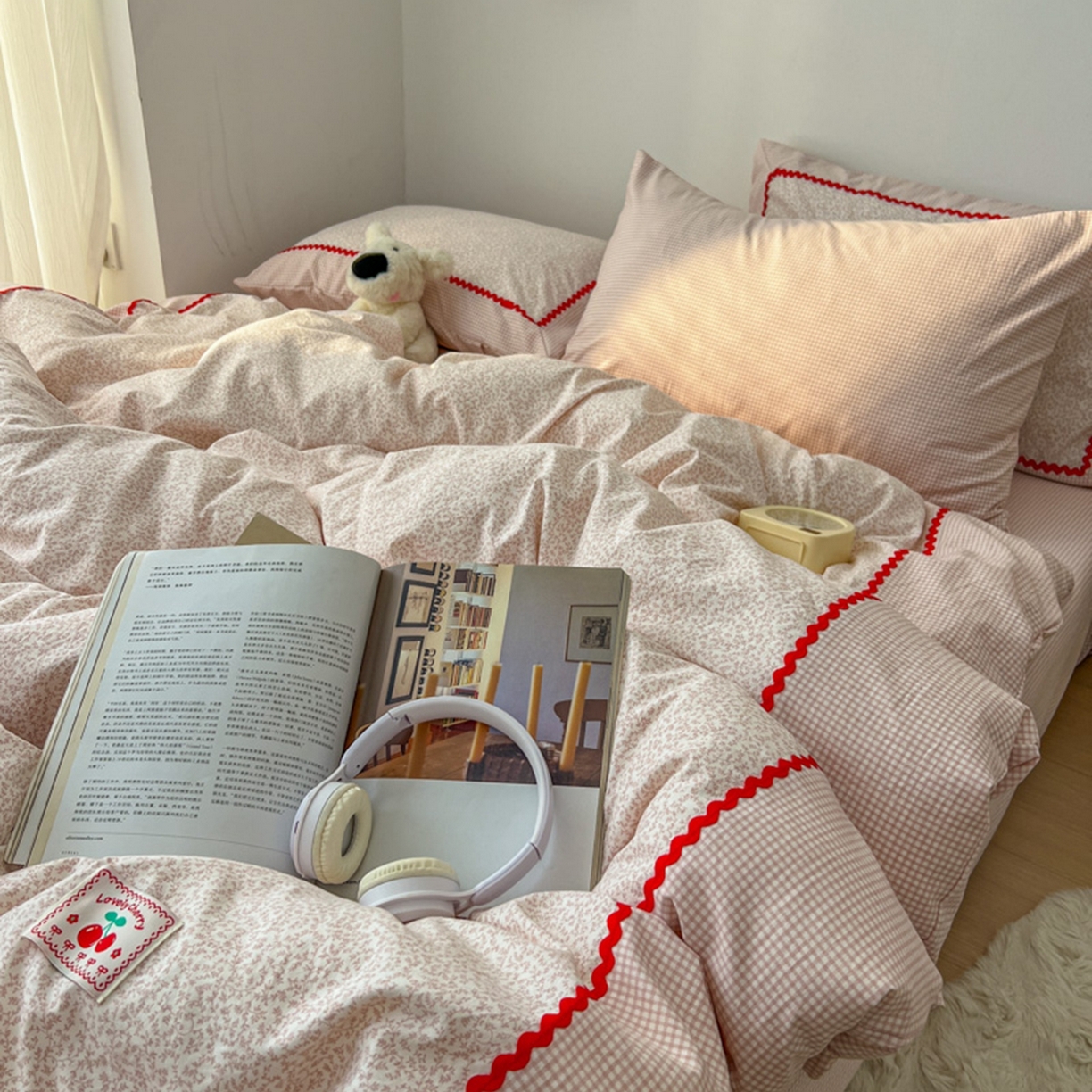 91家纺网 家纺一手货源 找家纺 睡美美家纺 2026新款古法水洗贴布格纹碎花云朵棉四件套-格纹小碎花 格纹小碎花--柔粉