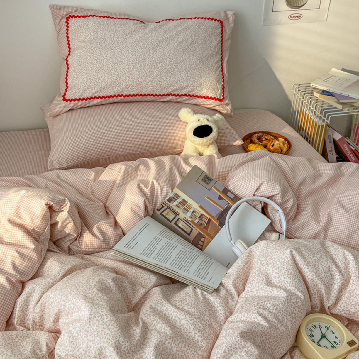 91家纺网 家纺一手货源 找家纺 睡美美家纺 2026新款古法水洗贴布格纹碎花云朵棉四件套-格纹小碎花 格纹小碎花--柔粉