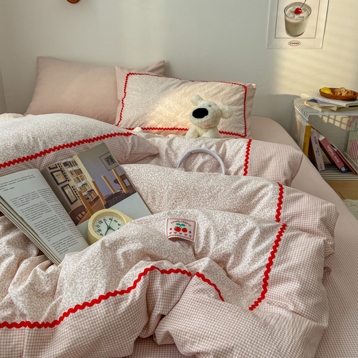 91家纺网 家纺一手货源 找家纺 睡美美家纺 2026新款古法水洗贴布格纹碎花云朵棉四件套-格纹小碎花 格纹小碎花--柔粉