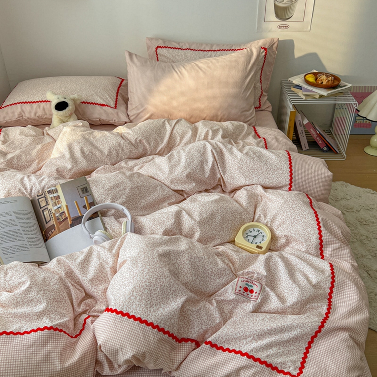 91家纺网 家纺一手货源 找家纺 睡美美家纺 2026新款古法水洗贴布格纹碎花云朵棉四件套-格纹小碎花 格纹小碎花--柔粉