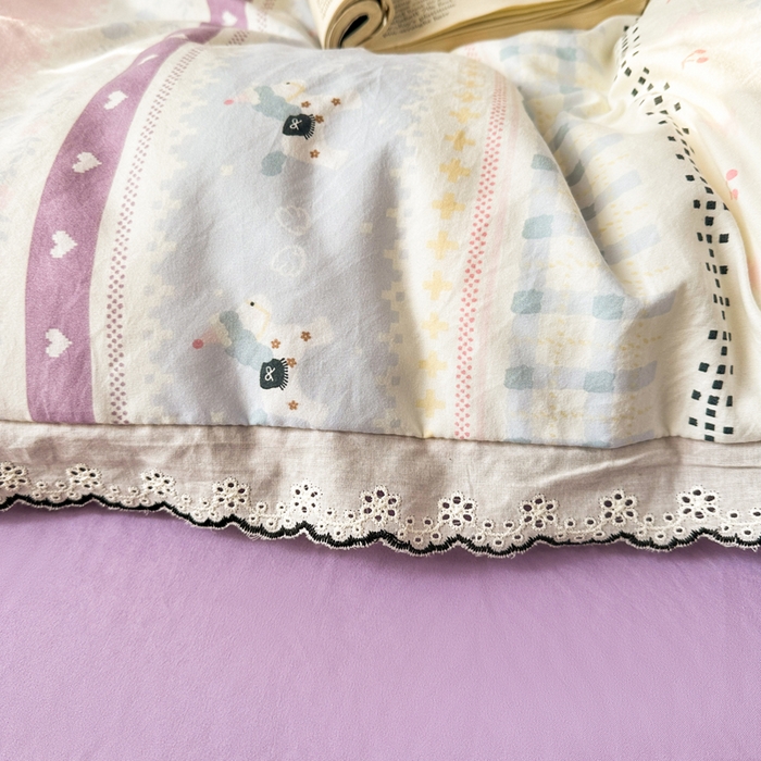 91家纺网 家纺一手货源 找家纺 梦纤绒 2026新款A类仿棉古法水洗棉法式全棉花边四件套彩虹小马