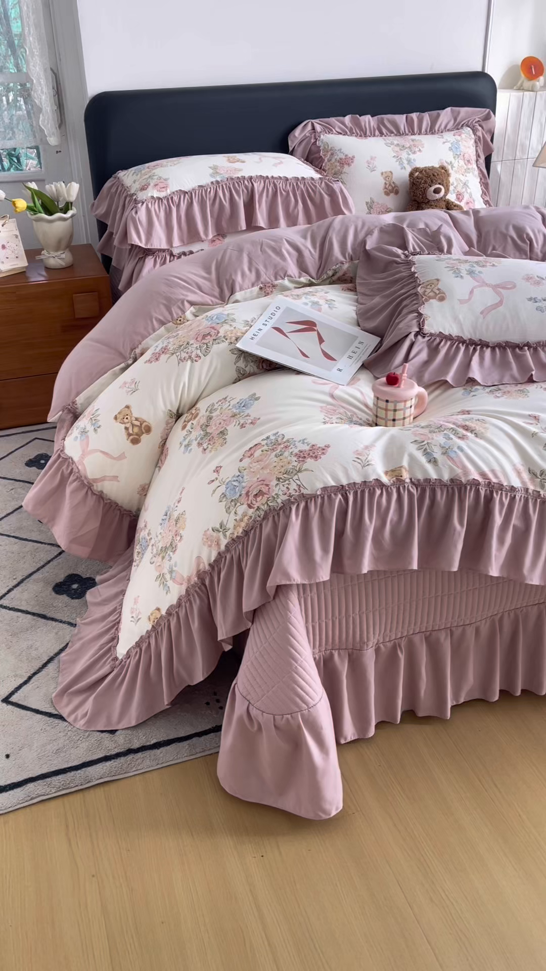 91家纺网 家纺一手货源 找家纺 锦格家纺 2026春夏新款古法水洗棉花边床盖款四件套 花慕里