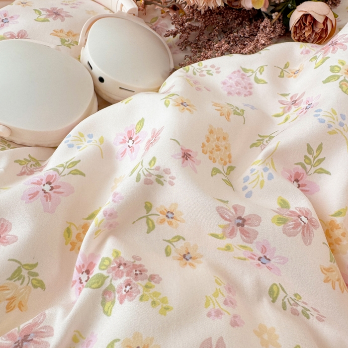 91家纺网 家纺一手货源 找家纺 梦纤绒 2026新款A类仿棉古法水洗棉法式全棉花边四件套粉漾