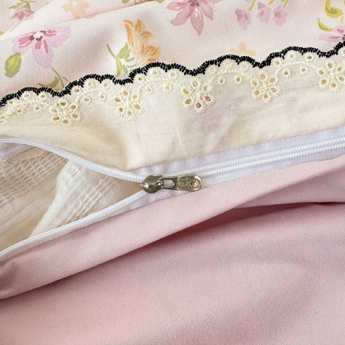 91家纺网 家纺一手货源 找家纺 梦纤绒 2026新款A类仿棉古法水洗棉法式全棉花边四件套粉漾