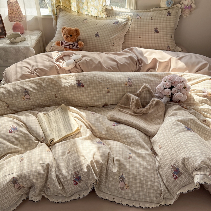 91家纺网 家纺一手货源 找家纺 梦纤绒 2026新款A类仿棉古法水洗棉法式全棉花边四件套格纹小象