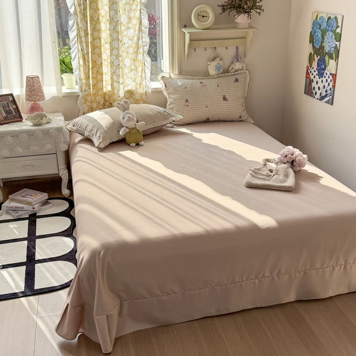 91家纺网 家纺一手货源 找家纺 梦纤绒 2026新款A类仿棉古法水洗棉法式全棉花边四件套格纹小象