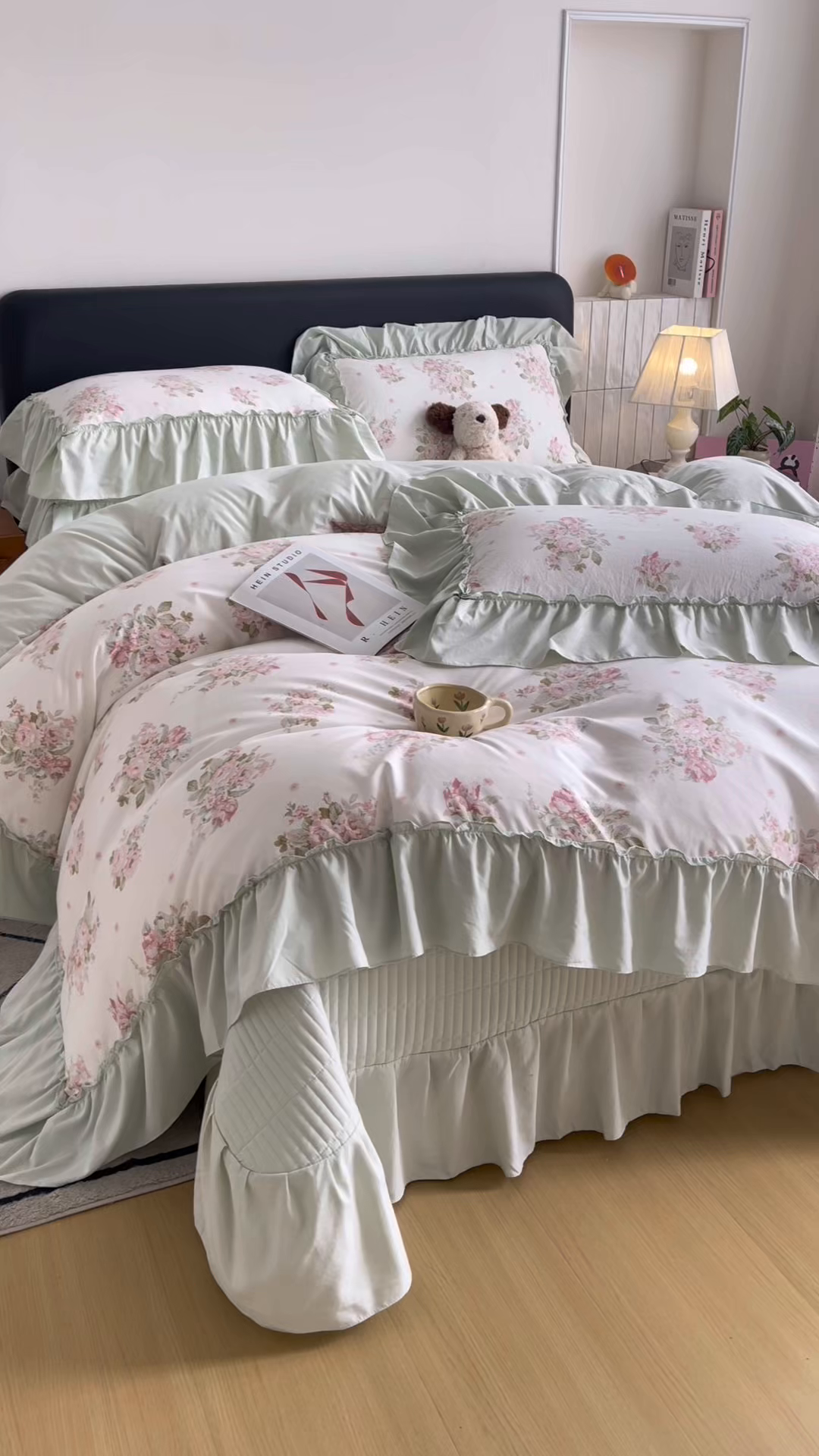 91家纺网 家纺一手货源 找家纺 锦格家纺 2026春夏新款古法水洗棉花边床盖款四件套 清花若雨